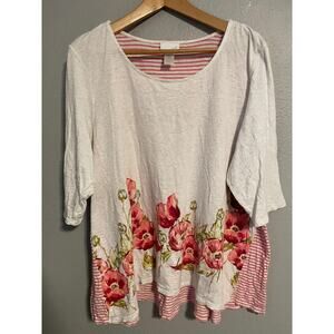 J. Jill Shirt Womens 2X White Pink Floral Stripe Tunic Scoop Neck 3/4 Sleeve